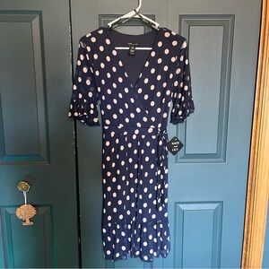 NWT Kate And Lily navy Polka-dot Dress 10 NEW faux Wrap Short Sleeved Millet